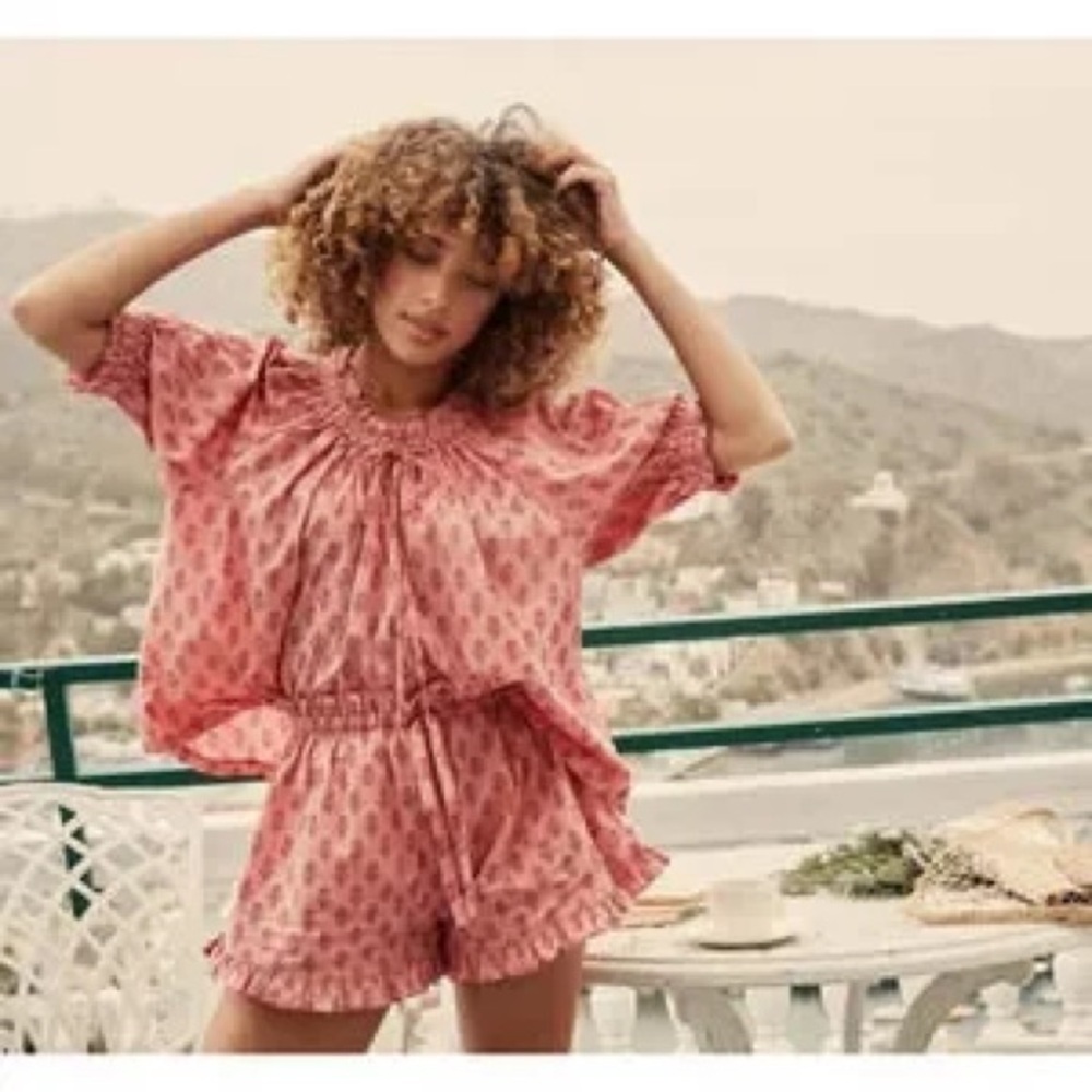DÔEN Shore Top - Pink Sunflower Block Print- Size XS